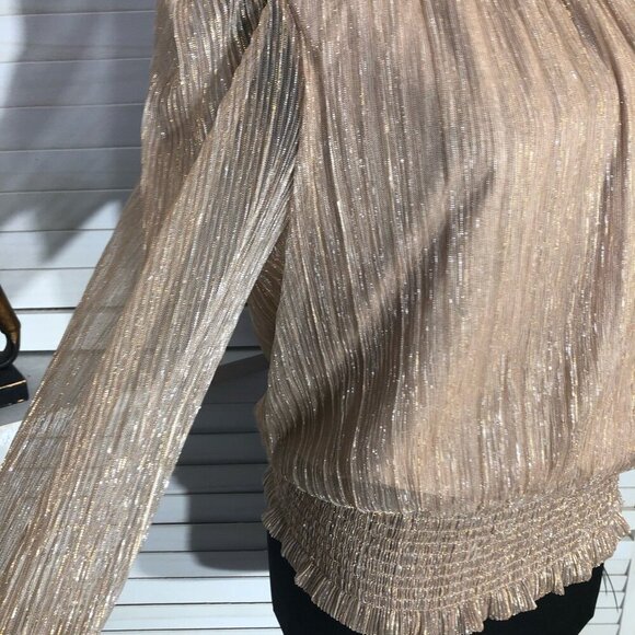 Joie Shimmer Blouse Smocked Waist Long Sleeve Chiffon Silver Gold Metallic Sz L - Picture 6 of 12